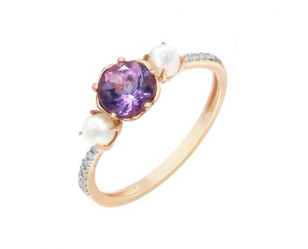 Rose gold ring with diamonds, amethyst and pearls