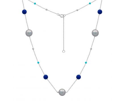 Necklace with turquoise, lapis lazuli and pearls in white gold