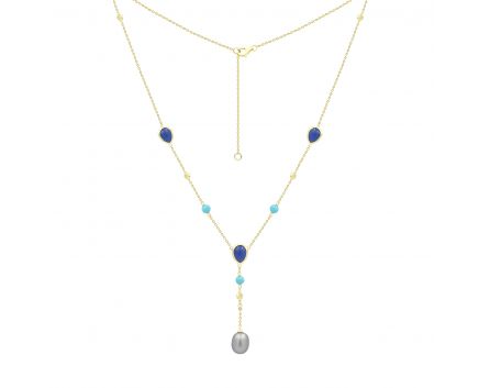 Necklace with diamonds, turquoise, lapis lazuli and pearls in yellow gold 1L034-0138
