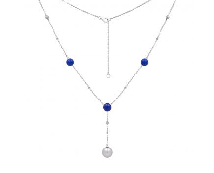 White gold necklace with diamonds, pearls and lapis lazuli