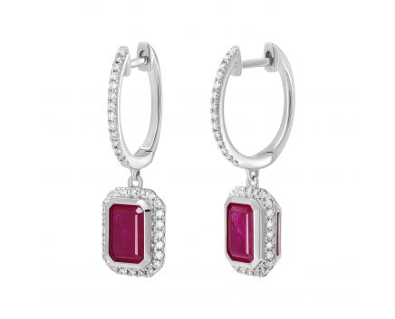 Octagon-cut diamond and ruby ​​earrings
