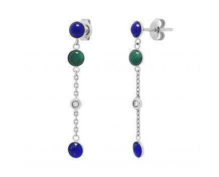 Earrings with diamonds, malachite and lapis lazuli in white gold