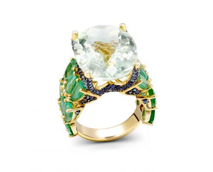 Ring with diamonds, sapphires, emeralds and green quartz in yellow gold 1-244 166