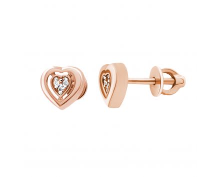 Earrings heart with diamonds in rose gold 1С814ДК-0011