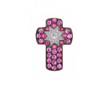 Cross pendant with diamonds and rubies in white gold 1П759-0157