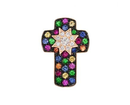 Cross pendant with diamonds and multi-sapphire in rose gold 1П759-0230