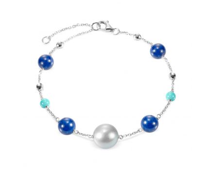 Bracelet in white gold with turquoise, pearls and lapis lazuli ZARINA