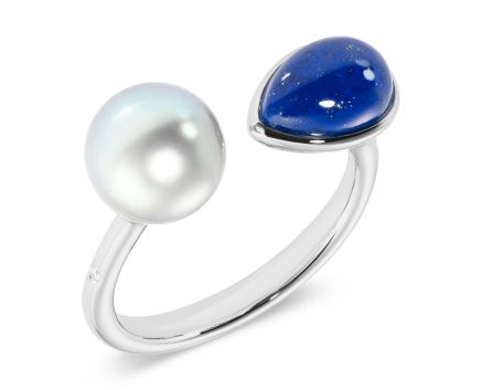 White gold ring with diamonds, pearls and lapis lazuli ZARINA