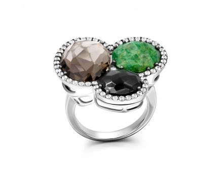Ring with smoky quartz, onyx and chrysocolla in white gold 2-138 666