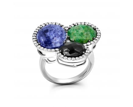 Ring with onyx, jadeite and sodalite in white gold 2К138-0089