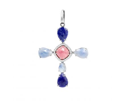 Cross with pink and blue sapphires in white gold 2-154 523