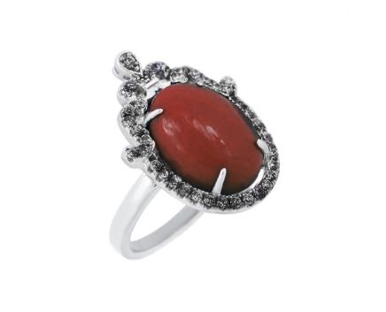 Ring with fianitas and imit. carnelian in sribl 3-204 038