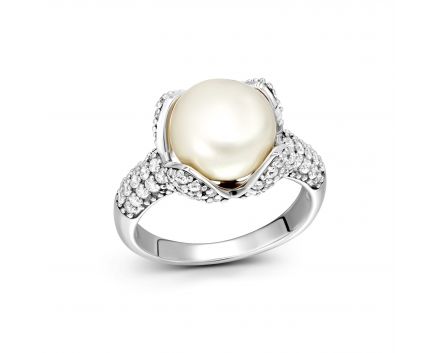Silver ring with pearl and cubic zirconia 3K846-0438