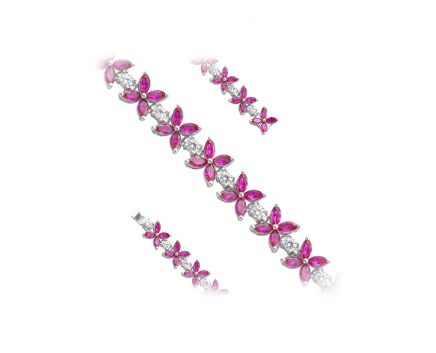 Silver bracelet with cubic zirconias and rubies NATKINA Flower