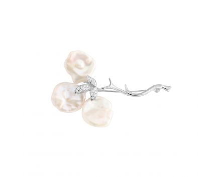 Silver brooch with pearls and cubic zirconia 3Ш862-0001